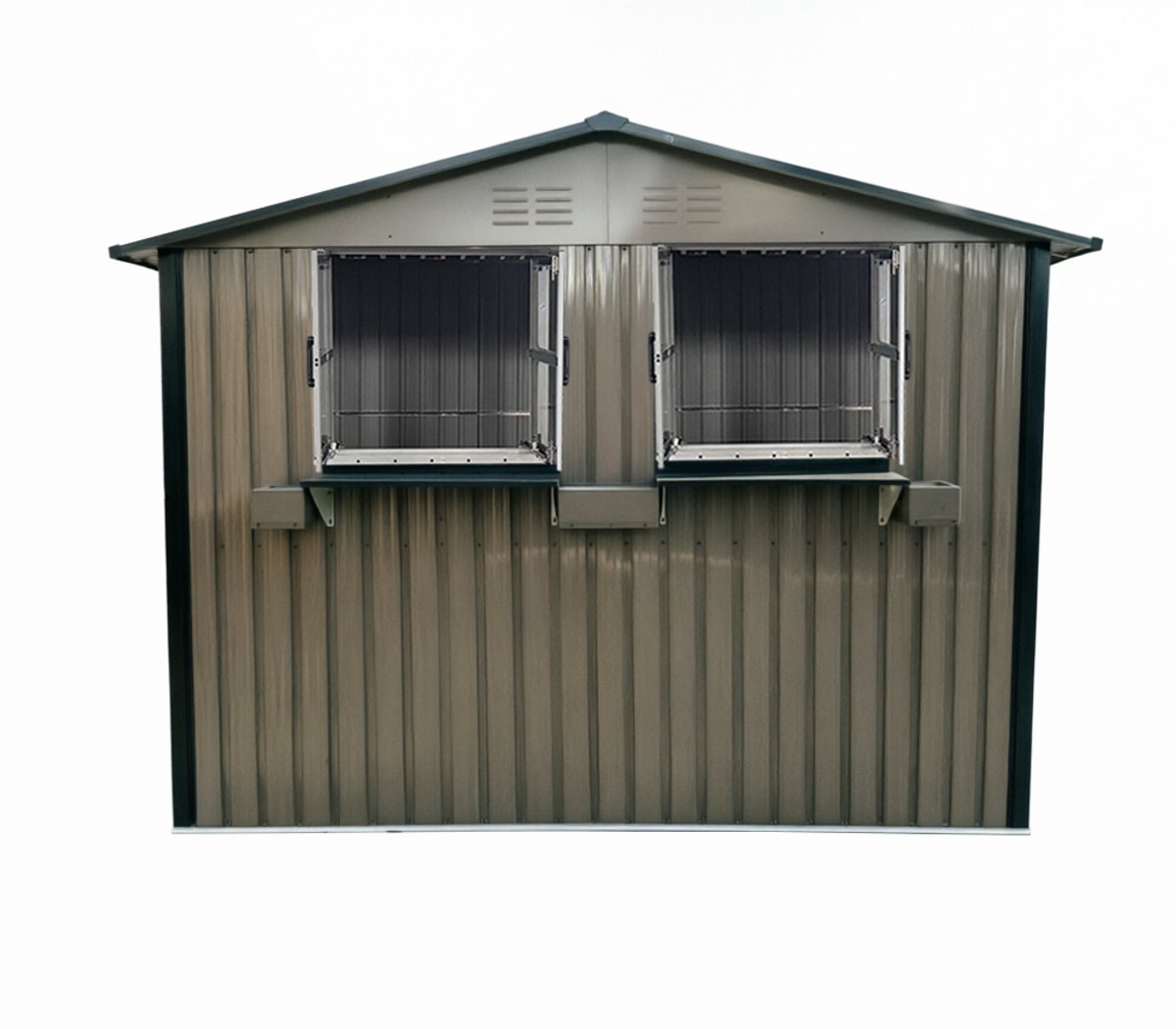 Gegalvaniseerd stalen tuinhuis 170,2x254,2 cm (4,33 m²), bruinzwart, met twee te openen dubbele ramen, afsluitbare dubbele deuren en decoratief bloemenrek