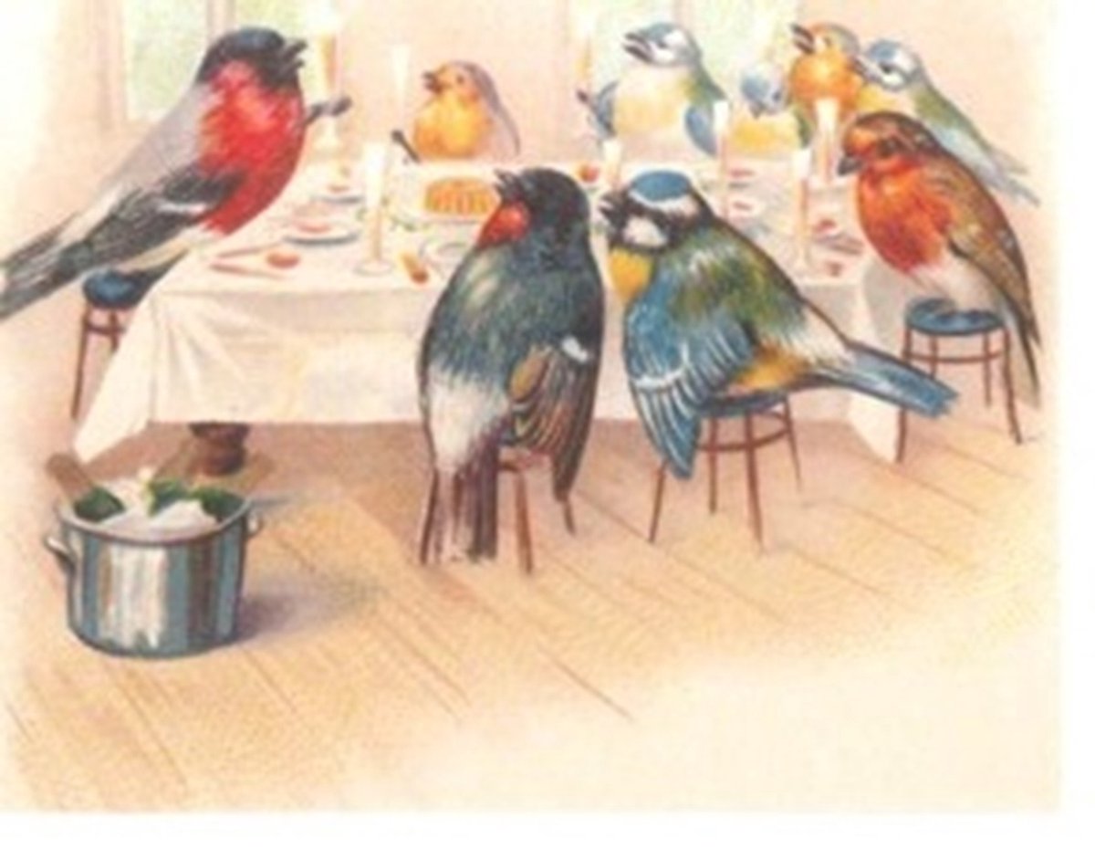 Cadeaukaart met env. Vogels aan tafel 7x9cm