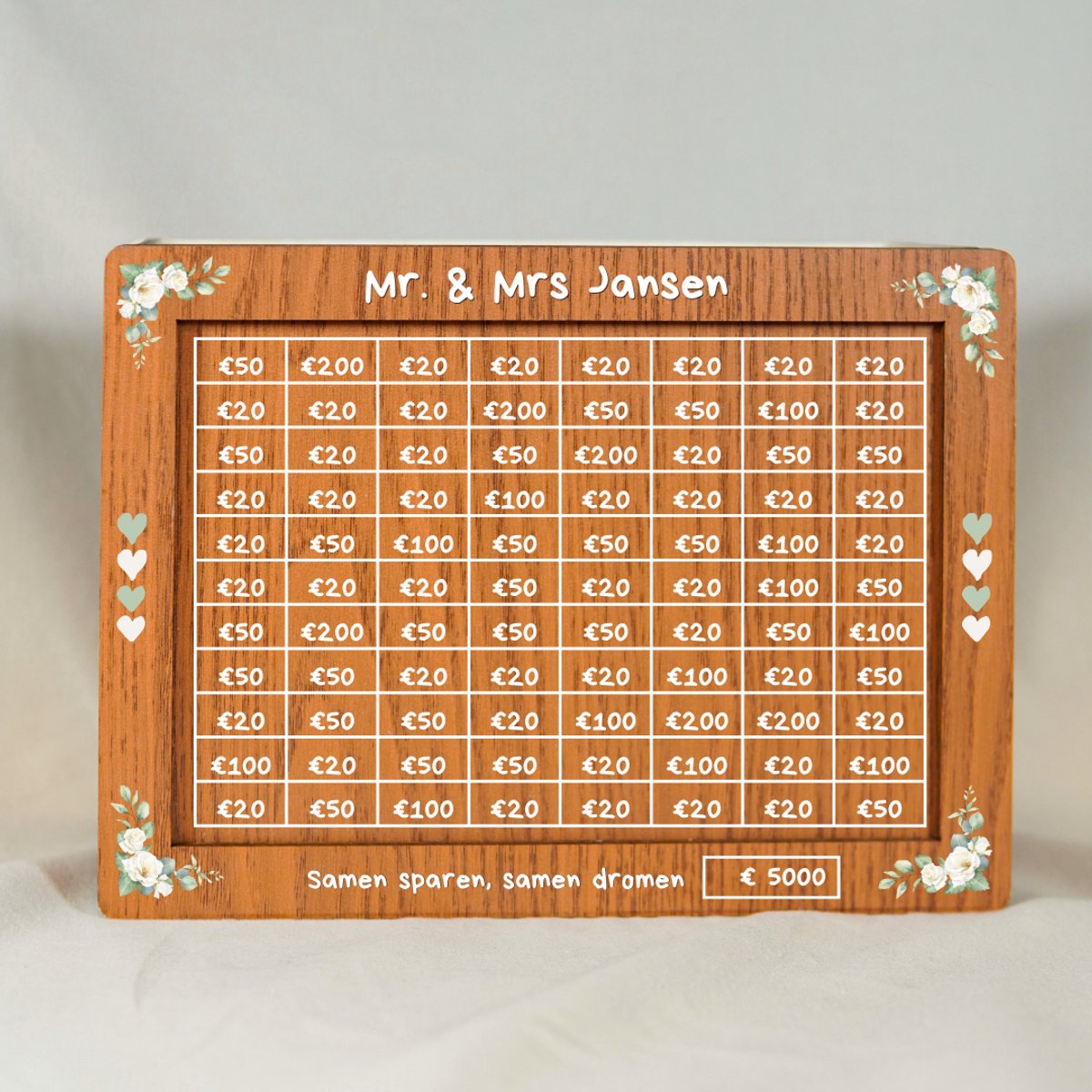 Gepersonaliseerd trouwcadeau bruidspaar - Houten spaarpot met naam €5000 - Huwelijk cadeau - Just married cadeau geld