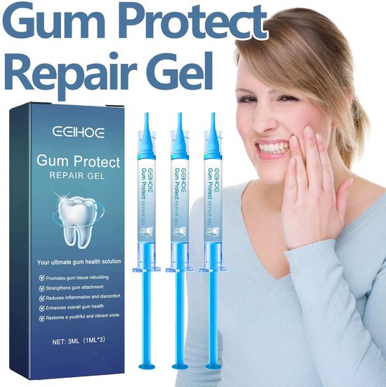 Doosje en spuitjes met tandvlees herstelgel, naast een lachende vrouw die haar wang aanraakt. Titel: Gum Protect Repair Gel.
