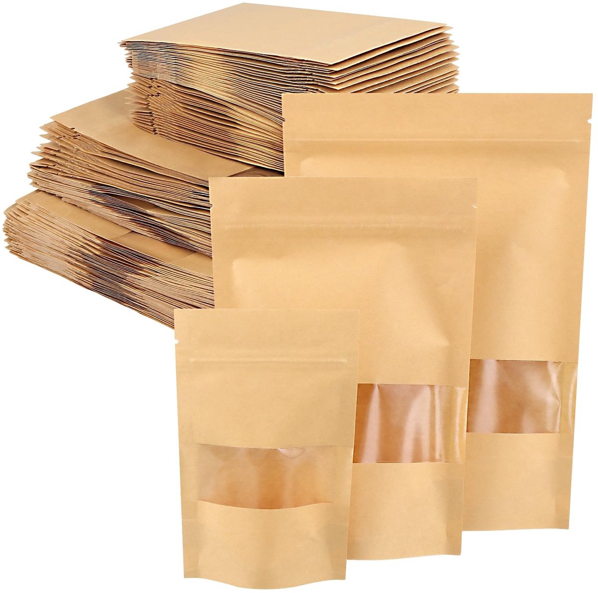 Dailygoods- Kraftpapieren Zakjes 150 Stuks - Herbruikbare Staande Bodemzakken - Transparant Venster - Waterdicht - Oliebestendig - Hoogwaardig Kraftpapier - Opbergzakken