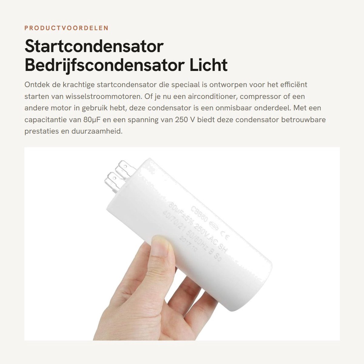 Dailygoods- Startcondensator 80µF ± 5SH - Hittebestendig - Explosiebestendig - Lichtgewicht - Betrouwbare isolatie - Duurzaam materiaal - Bedrijfscondensator