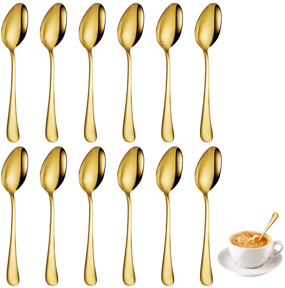 Dailygoods- Koffielepels 12 Stuks - Roestvrij Staal - Gouden Coating - Multifunctioneel - Vaatwasmachinebestendig - 13,6 cm - Theelepels