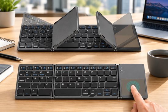 Twee opvouwbare zwarte toetsenborden met touchpad op een bureau, een opengeklapt en de ander plat.