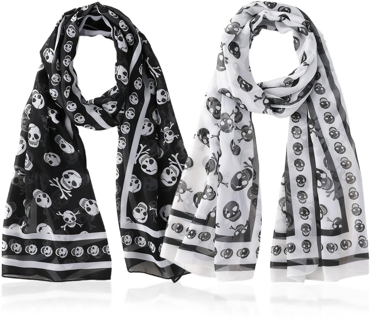 Dailygoods- Sjaal 2 Stuks - Dames Chiffon Sjaal - 50 x 150 cm - Zachte Halsdoek - Doodskop Patroon - Lichtgewicht Design