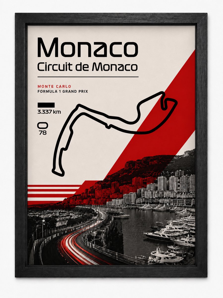 Monaco Circuit Poster | Formule 1 Grand Prix Monte Carlo | Inclusief Zwarte A4 Lijst