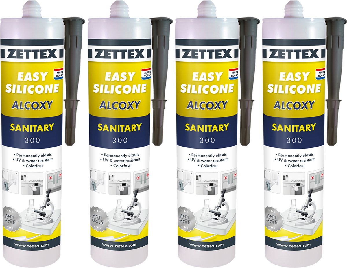 Zettex Easy Siliconenkit S - Sanitairkit voor Badkamer & Keuken - Schimmelbestendig & Elastisch - 310ml - Antraciet - 4-PACK