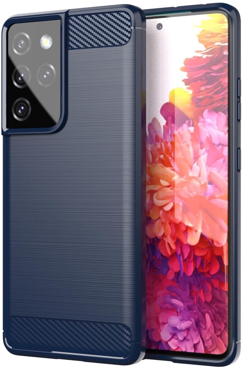 Cadorabo Hoesje geschikt voor Samsung Galaxy S21 ULTRA in BRUSHED BLAUW - Beschermhoes van flexibel TPU siliconen in roestvrij staal-carbonvezel look Case Cover
