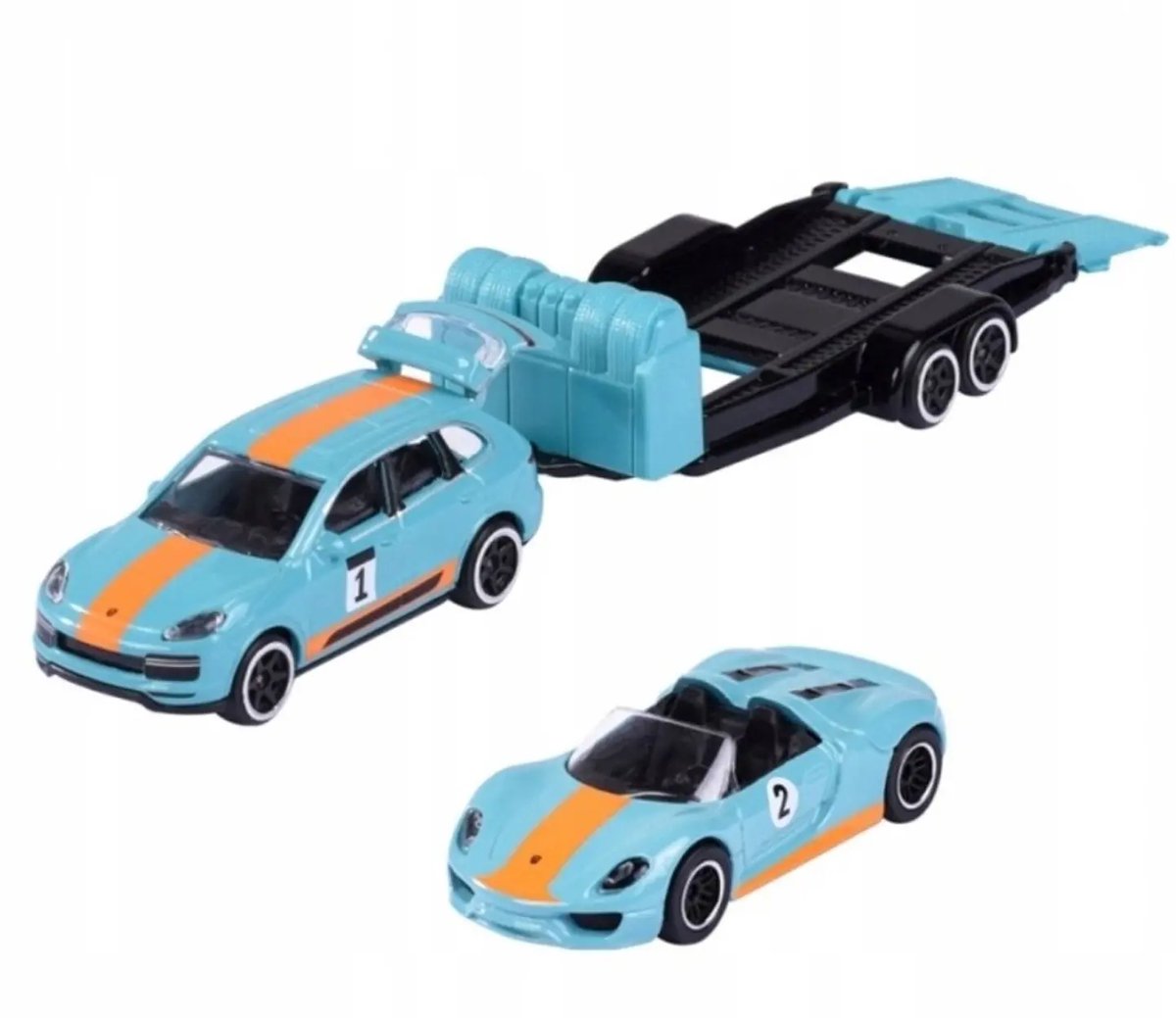 Majorette Porsche Cayenne Turbo S en 918 Spyder - Beweegbare onderdelen - Schaal 1:64 - Metaal - Met Trailer
