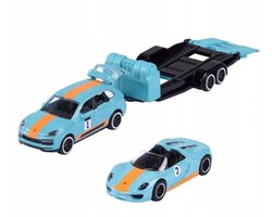 Majorette Porsche Cayenne Turbo S en 918 Spyder - Beweegbare onderdelen - Schaal 1:64 - Metaal - Met Trailer