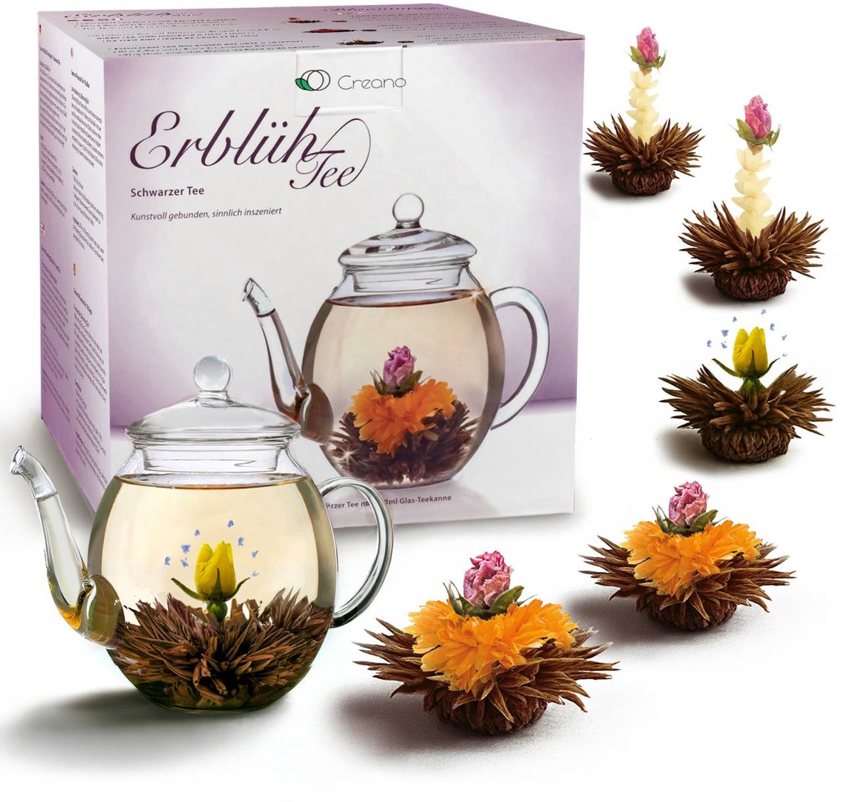 Cadeauset bloementhee met glazen theepot, zwarte thee (6 theerozen/3 soorten)