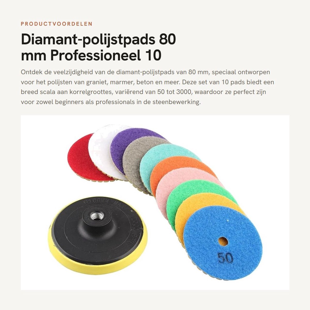 Dailygoods- Polijstpads 80 mm - 10 Stuks - Korrelgrootte 50/100/150/300/500/800/1000/1500/2000/3000 - Kunsthars - Schijfdikte 3 mm - Sterke slijpkracht - Polijstschijven