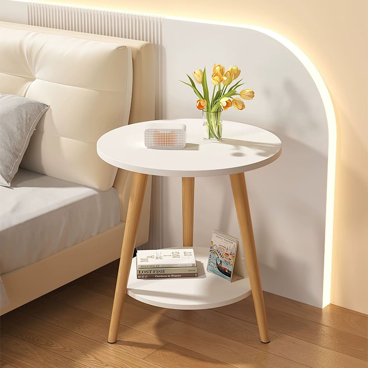 Ronde Salontafel Bijzettafel Modern 2-Laags Nachtkastje Side Table voor Woonkamer Sofa Tafel 50×50×60 cm Warm Wit