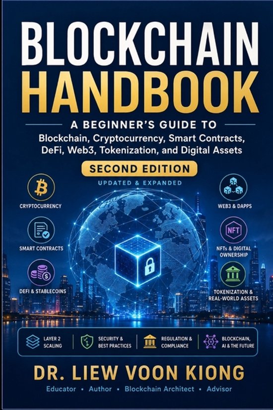 Couverture de livre : Blockchain Handbook, deuxième édition. Fond bleu avec globe numérique, icônes et paysage urbain.