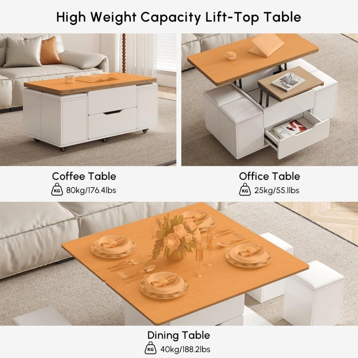 Salontafel met Opbergruimte en 4 Krukken 100x50x64,5 cm Verstelbare Hoogte 3-in-1 Uitschuifbare Eettafel Werktafel Wit Houtlook Mobili Bella