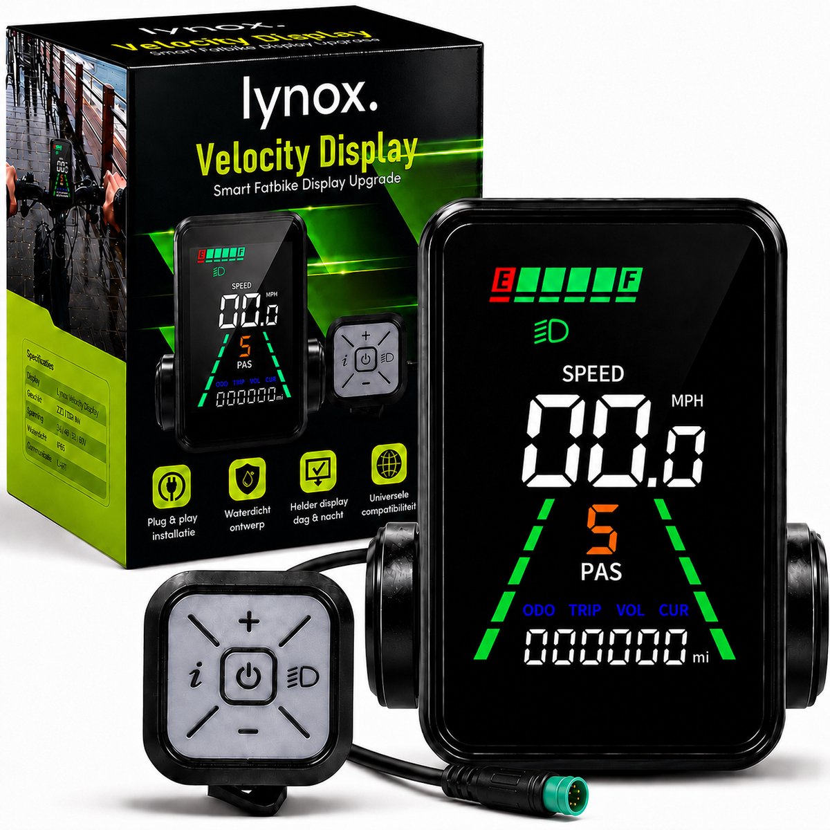 Lynox Velocity Display - Fatbike Scherm - Geschikt voor QMWheel V20 en V20 pro, Ouxi V8 en H9 - Kleurenscherm - UART 2 Protocol - Waterdicht - Inclusief Bedieningsknop - Plug & Play installatie - Niet opvoerbaar