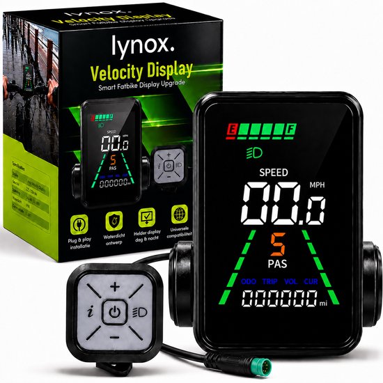 Lynox Velocity Display met bedieningsknop. Helder kleurenscherm met snelheid, batterijniveau en rijmodus.