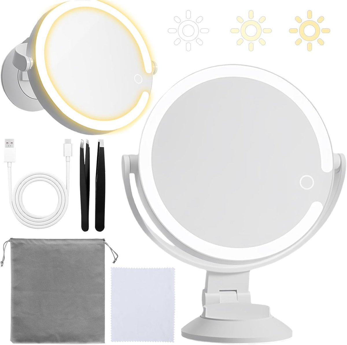 Thijox - Make-Up Spiegel met Licht, Cosmetica Spiegel met 10x Vergroting, Verlichte Vergrotende Spiegel met Zuignap, Pincet & 3 Kleurmodi voor Badkame