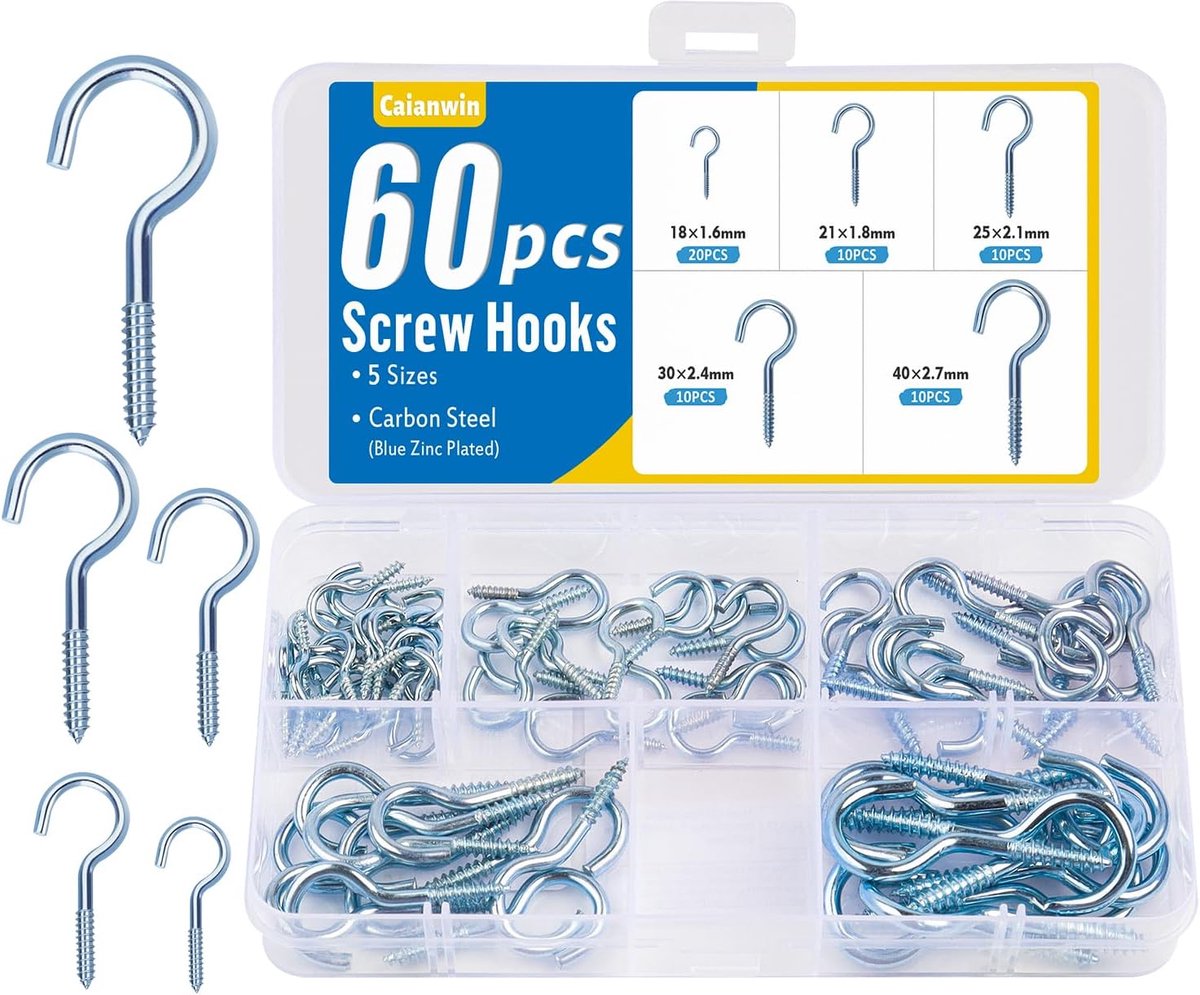 60 Stuks Schroefhaken Set - Mini en Kleine Haakschroeven van Verzinkt Staal - Voor Binnen en Buiten - Plafond- en Wandbevestigingshaken