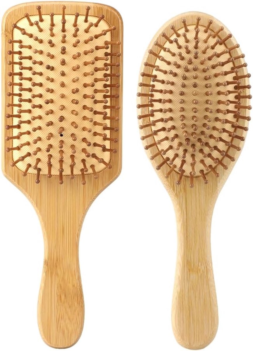 Thijox - 2 Stuks Natuurlijke Haarborstel van Bamboe - Geschikt voor Mannen, Vrouwen en Kinderen - 1 Ronde en 1 Platte Borstel - Houten Handgreep - Zac