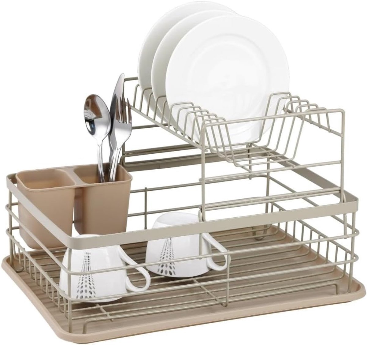 Thijox - Afdruiprek roestvrij staal met houten handgrepen, 42,5 x 32 x 15,5 cm, inclusief kunststof lekbak en bestekcontainer, ideaal voor keuken en c