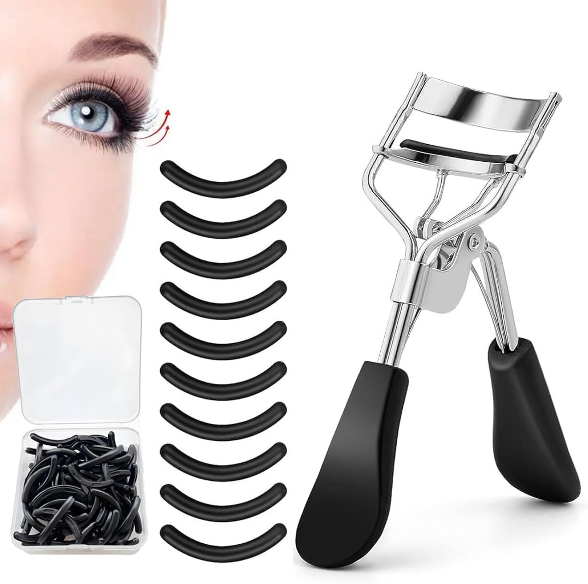 SnelShoppen - Professionele Wimperkruller met 30 Extra Siliconen Vervangpads voor Dramatisch Gekrulde Wimpers, Zwart, Duurzaam Carbon Staal, Ideaal vo