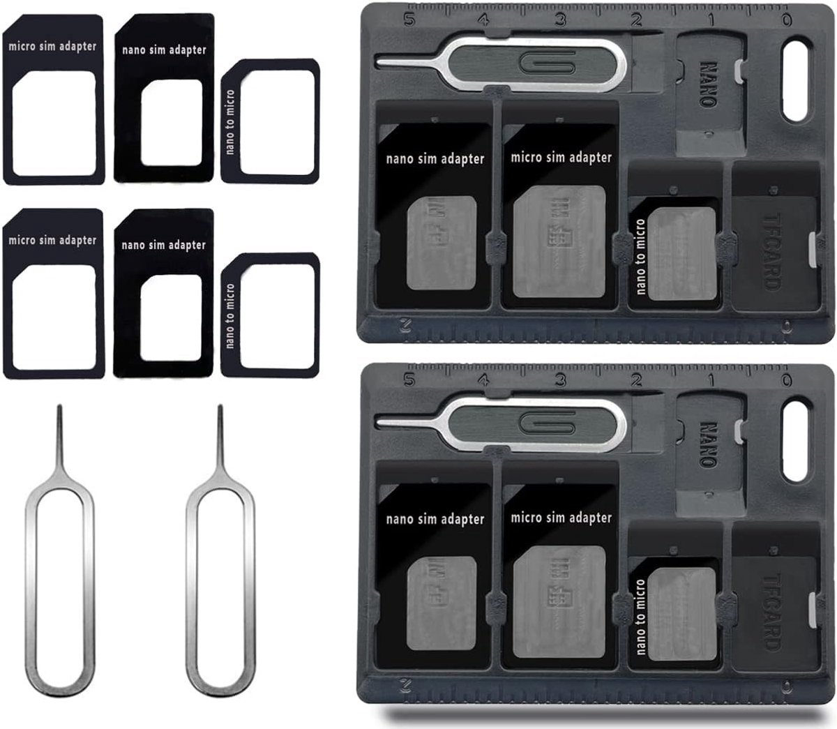SIM Kaart Houder Set met Tray Opener Pins, Opslag voor Standaard Micro Nano Micro SD Geheugenkaarten, Inclusief 3 Adapters en 1 Uittrekpen - Zwart