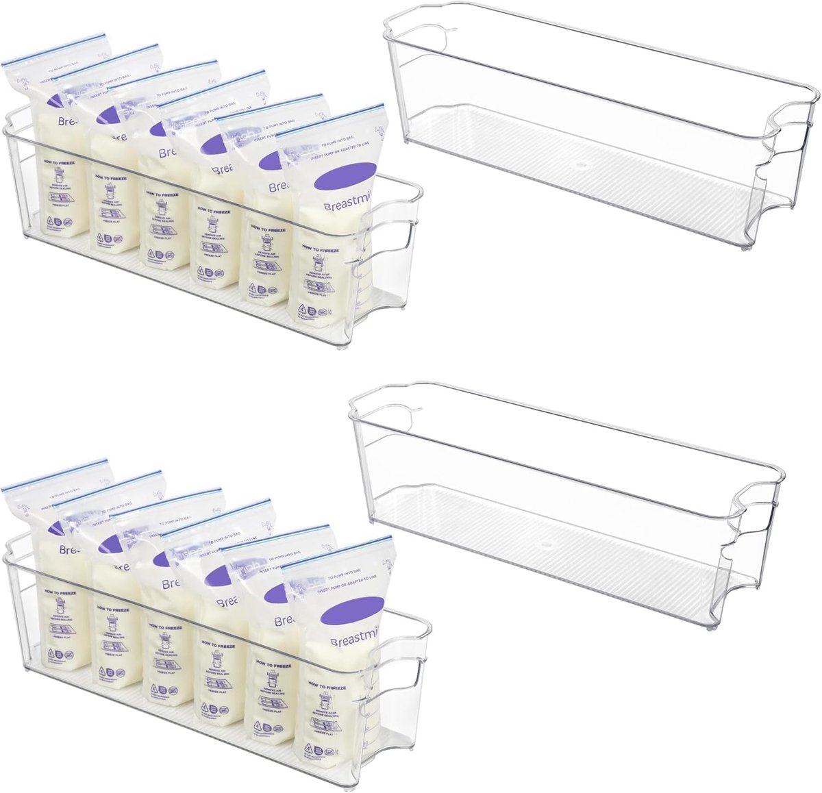 Thijox - Organiseur voor Moedermelkzakjes - Set van 4 Transparante BPA-vrije Plastic Opslagbakken voor Koelkast en Vriezer - Efficiënte Opslag en Cons
