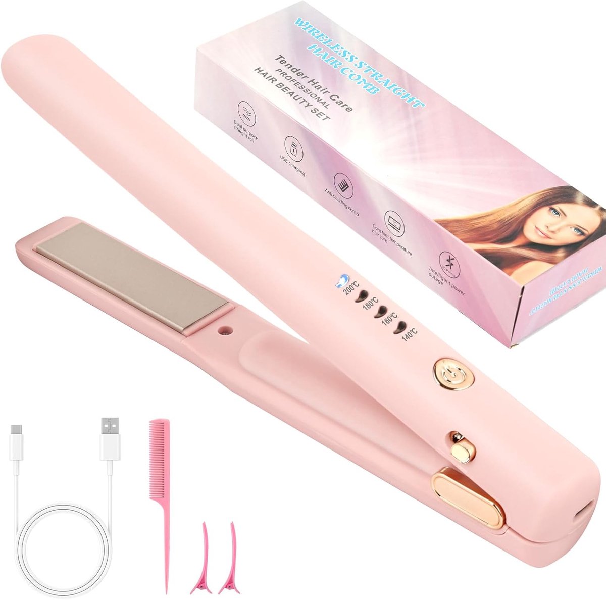 Thijox - Draadloze Stijltang 2-in-1, Oplaadbaar USB, Roze, Voor Glad en Golvend Haar, Keramische Coating, 4 Temperatuurniveaus, Ideaal Voor Thuis en O