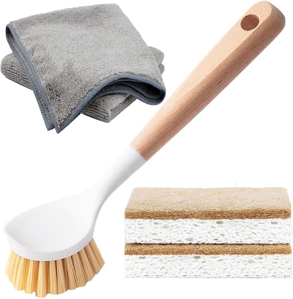Thijox - Afwasborstel Set 5 Stuks - Houten Afwasborstel, Sisalharen, Composteerbare Spons, Microvezeldoek - Keuken Schoonmaak, Gootsteen, Potten, Pann
