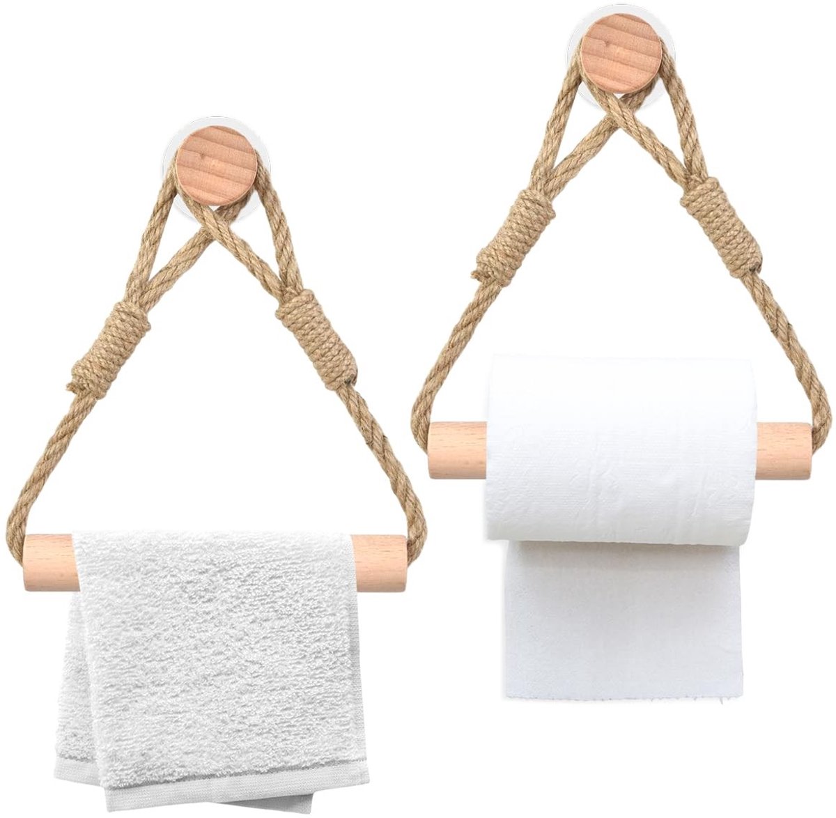 Inovra- WC-Rolhouder Set van 2 - Vintage Houten Houder - Toiletpapierhouder - Zonder Boren - Natuurlijke Vezels - Henneptouw