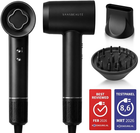 Sansbeauté® Föhn met Diffuser - Krullen - 110.000RPM - Ionische Haardroger met Borstel - 3 Standen - 3 Opzetstukken - Reisföhn - Sèche Cheveux - Krul Feun Set - Haarföhn met Defuser - Hair Blow Dryer - Kappersfohn - 2000W