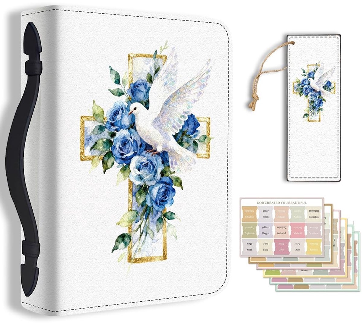 Dailygoods - Bijbelhoes voor vrouwen Lady Pigeon Roses Flower Book Cover met bladwijzer natuur vrede duurzaam dragen bijbelkoffers met handvat en rits PU-lederen opbergzakken voor studenten (blauw)