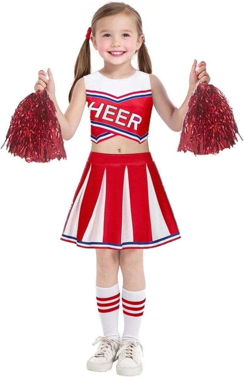 Cheerleader-kostuum voor kinderen met pompons en hoofdsieraad, perfect voor schoolspelen, Halloween en verkleedfeestjes voor 4-12 jaar