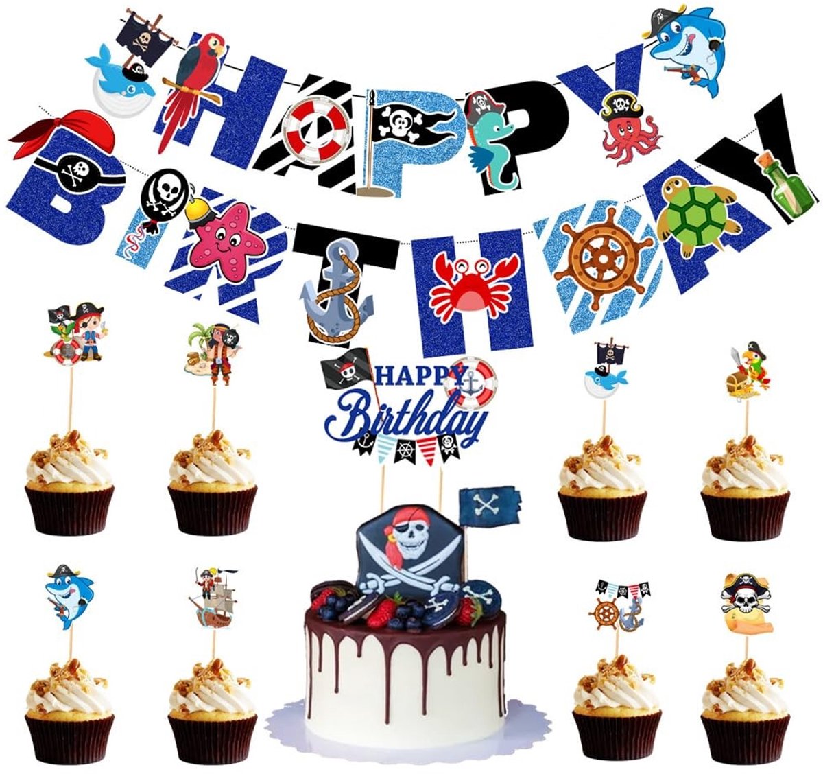 Dailygoods- Piratenfeestdecoratieset - Happy Birthday Banner - Piraat Haaien Taart/Cupcake Toppers - Feestartikelen voor Kinderen - Duurzaam Karton - Perfect voor Verjaardagsfeest - Feestdecoraties