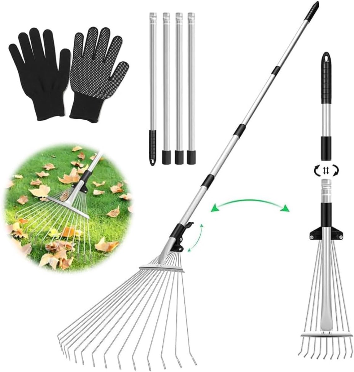 Dailygoods - Anyingkai Tuinhark met handgreep, tuinhark met handschoenen, hark voor bladeren van staal, verstelbaar, hark met handvat, hark voor het reinigen van planten, gazon en binnenplaatsen