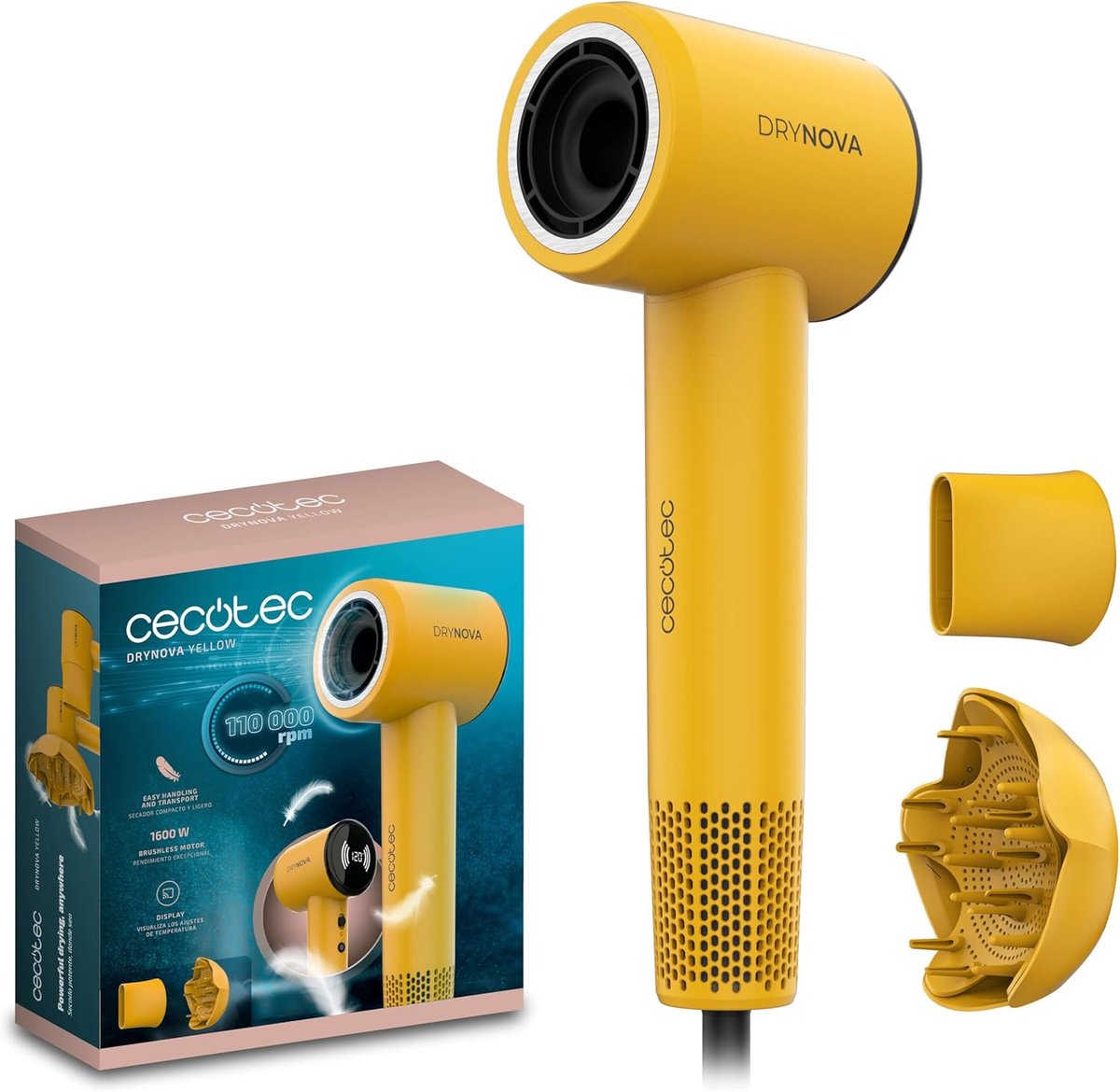 SnelShoppen - Compacte Lichte Haardroger 1600W met Borstelloze Motor, Ionengenerator, Diffuser en Concentrator - Stille en Duurzame Föhn in Geel voor