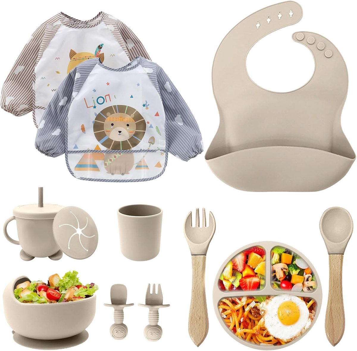 Thijox - Babyserviesset 12-delig, Kinderservies met Siliconen Slabbetjes, Babylepels, Drinkbeker, Babybord met Zuignap, BPA-vrij, Vaatwasser- en Magne