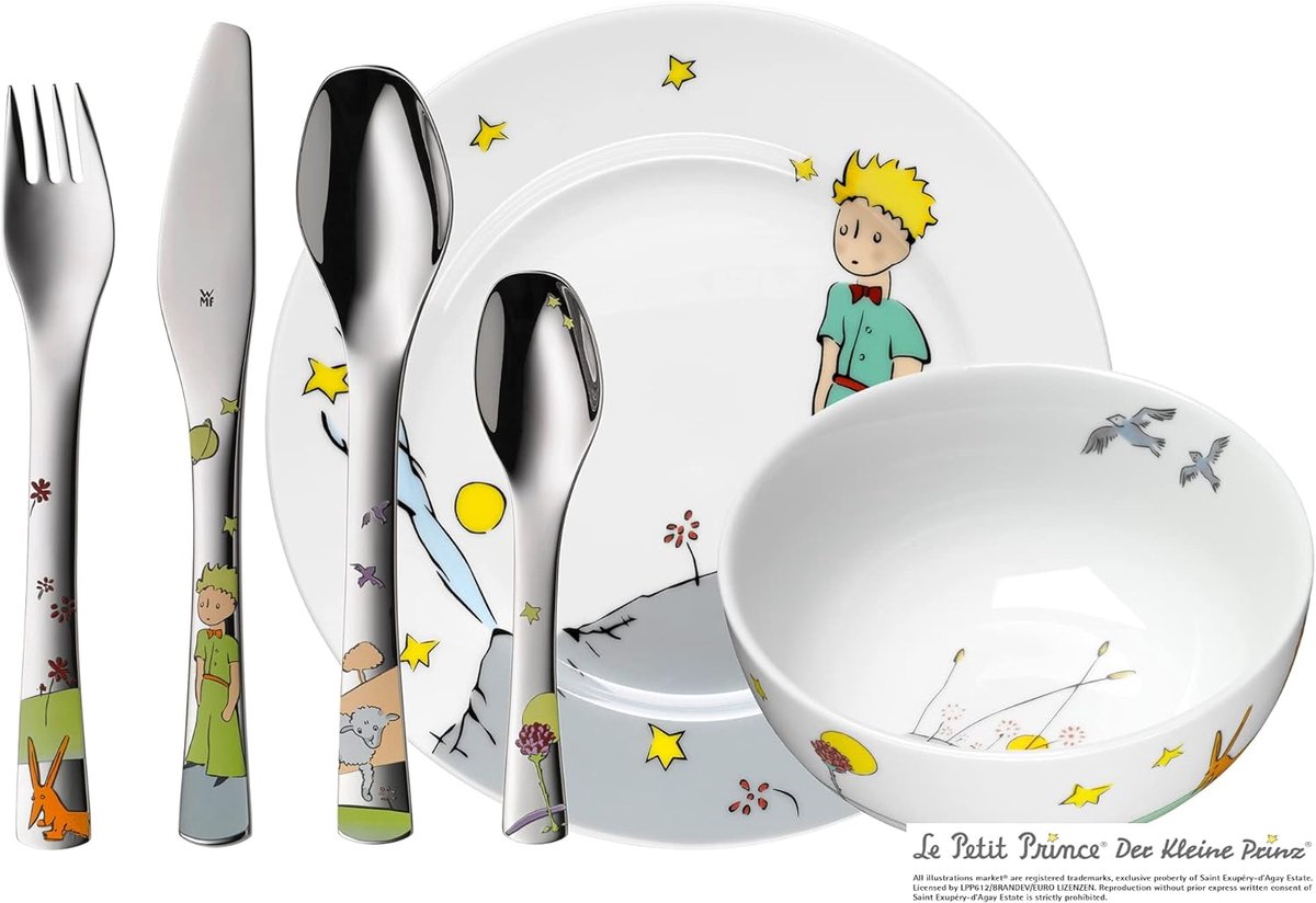 Thijox - 6-delige kinderbestekset, Le Petit Prince, kindvriendelijk ontwerp, ergonomisch, Cromargan® roestvrij staal, vaatwasserbestendig, voor kinder
