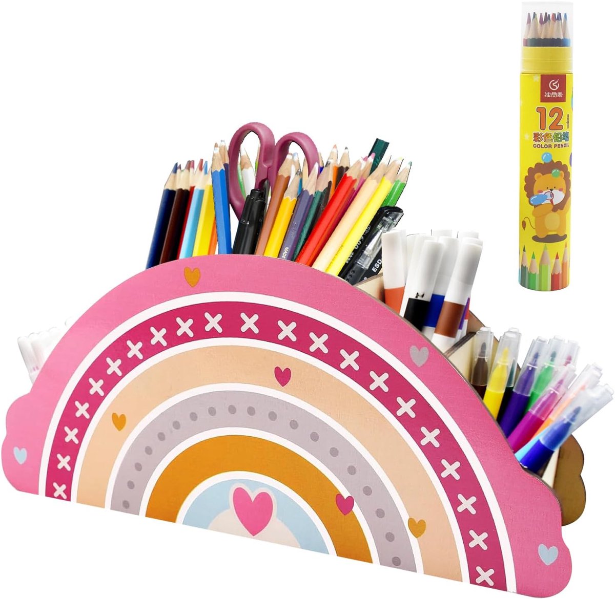 SnelShoppen - Pennenhouder Kinderen Regenboog, Houten Bureau-Organizer met 12 Kleurpotloden, Perfect voor Klaslokaal, Thuiswerkplek, Creatief Spel en