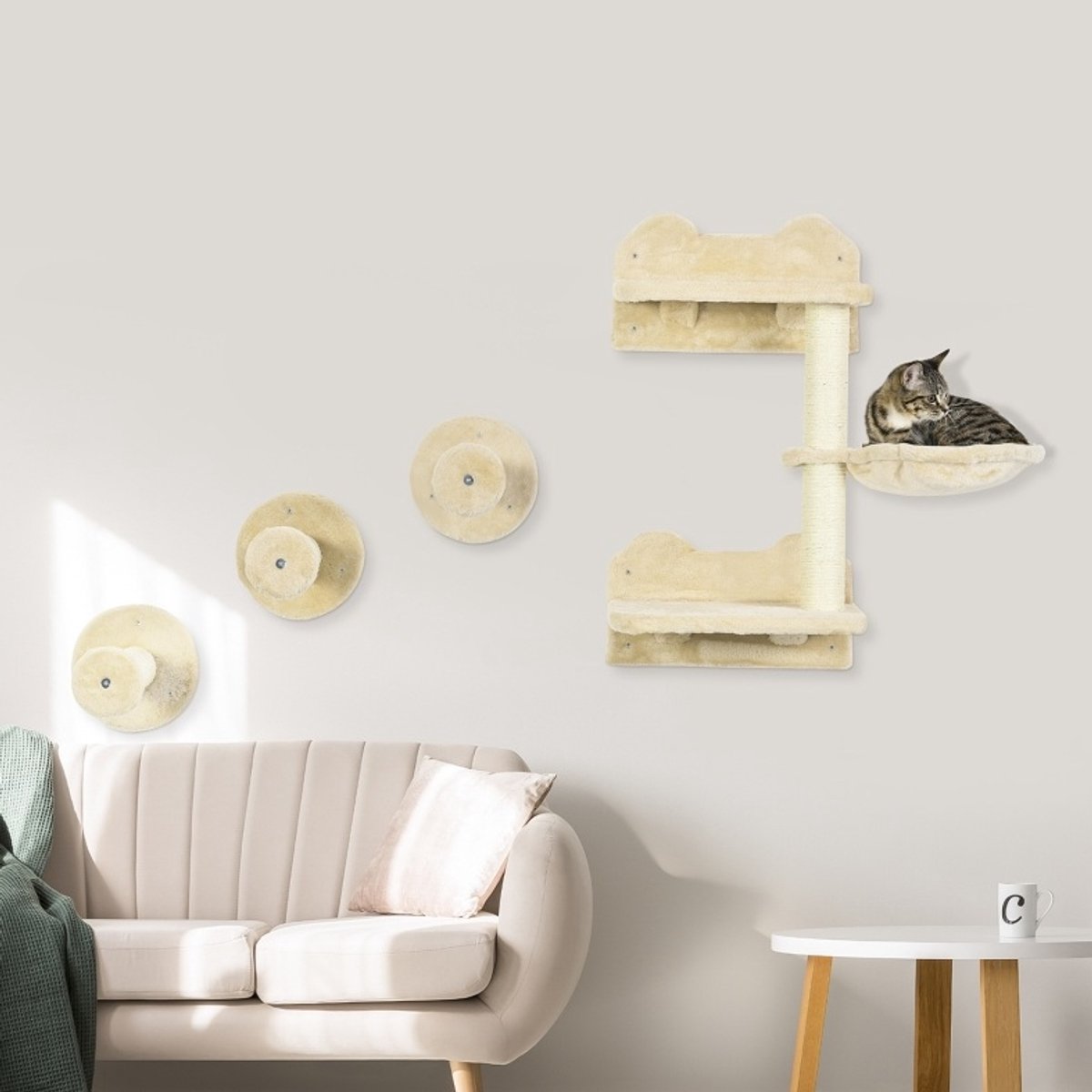 HAUSS SPOLE Krabmeubel – Klimmuur Met Wandmontage – 40 x 28 x 73 cm – Pluche – Beige – Met Hangmat En Krabpaal Voor Katten