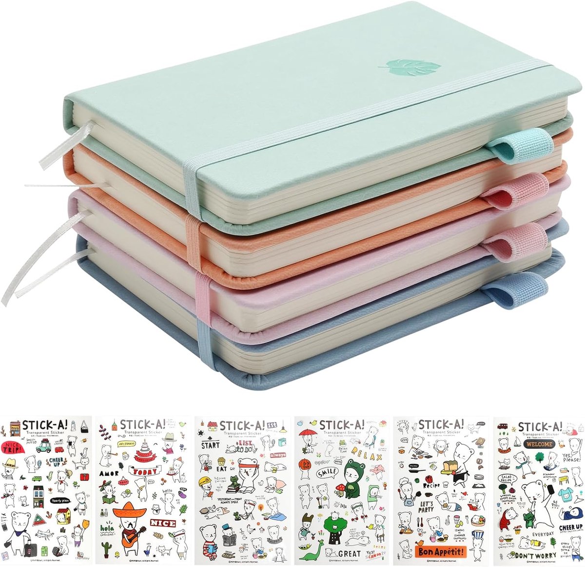 Notitieboekjes A6 - Faux leer - Set van 4 met stickers - Perfect voor onderweg - ShopVlot