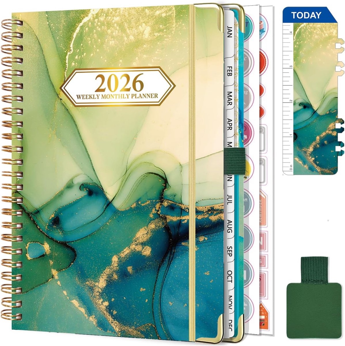 SnelShoppen - Gumiho Weekkalender 2026 A5 Planner met Spiraalbinding, Schoolagenda met Penlus, Bladwijzer en Planstickers in Groen voor Efficiënt Plan