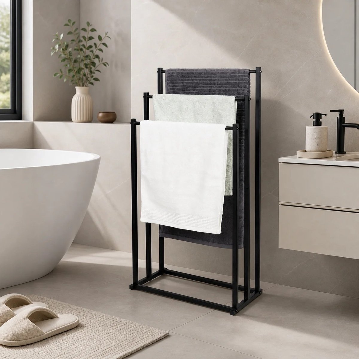 Inovra - Dailygoods 3-laags metalen badkamerhanddoekenrek, vrijstaand, met stabiele, verbrede voet, voor natte handdoeken, badjas