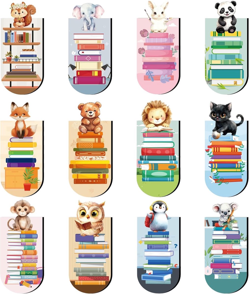 Thijox - 12 Stuks Magnetische Boekenleggers Set voor Kinderen, Veelkleurige Dieren Bladwijzers als Gastgeschenk voor Verjaardag, Eerste Schooldag, Cad