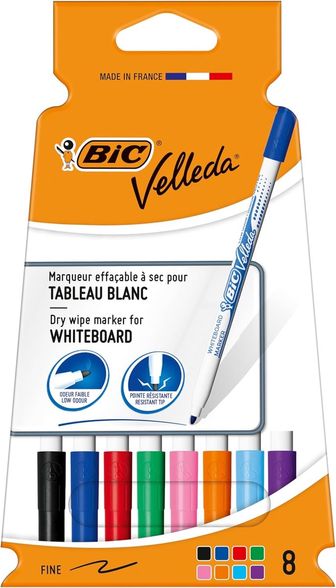 SnelShoppen - Velleda Whiteboard Marker Set - 8 Stuks Zwart - Ronde Punt 1,5 mm - Perfect voor Kantoor, School en Creatieve Projecten