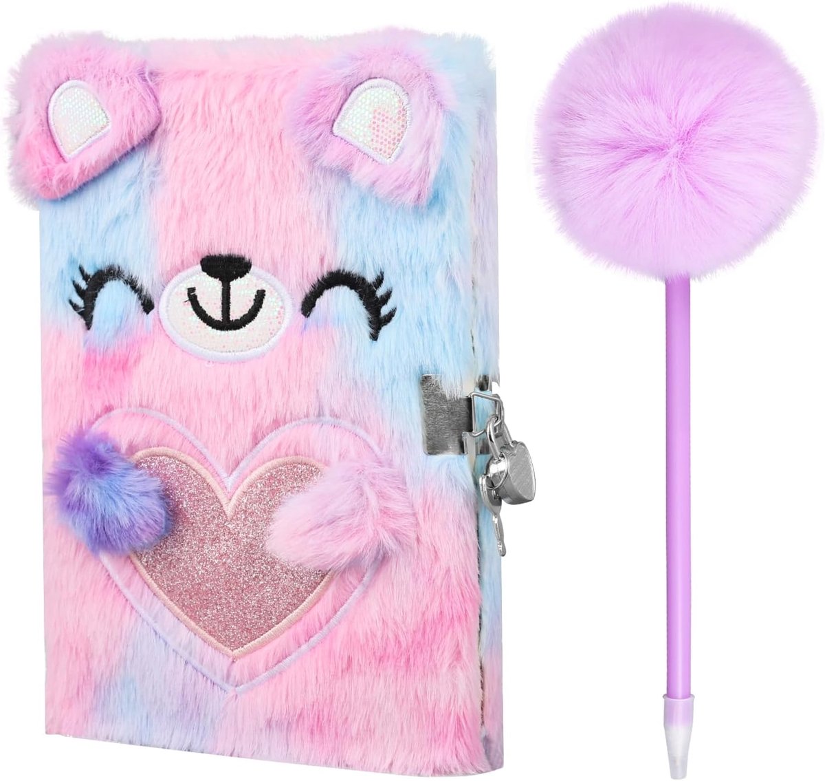 SnelShoppen - Plush Notebook voor Meisjes, Lockable Dagboek met Schattige Beren Design en Pompom Balpen – Stationery Geschenk voor School, Feest en Cr