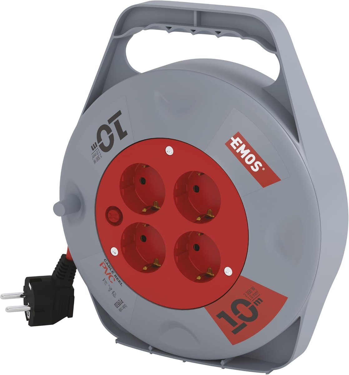 SnelShoppen - Mini-kabelhaspel 10 m - 4 geaarde stopcontacten - 230 V, 10 A, 2300 W - PVC-isolatie - Thermoschakelaar - IP20 voor binnen gebruik