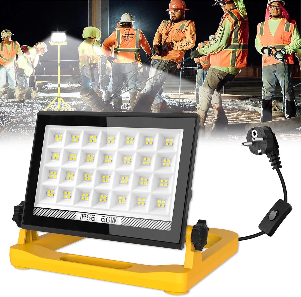 Thijox - LED Bouwlamp 60W 6000K Werklamp met 3 Modi, Draagbare Schijnwerper met Klapbeugel, IP66 Waterdicht, 4M Kabel voor Werkplaats en Garage