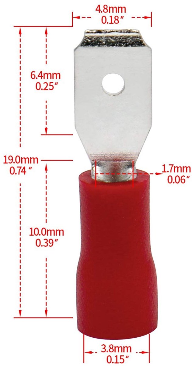 Dailygoods - Quick Disconnects - Vinyl Geïsoleerde Klemmen - Rood - 4.8mm x 0.5mm - Geschikt voor 0.5-1.5mm² - 100 Stuks